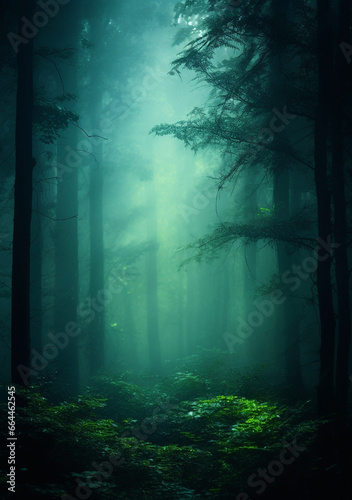 Dense Forest & Towering Trees Bathed in Bluish Green Fog: Capturing Nature's Mystery and Fairy Tale Essence.