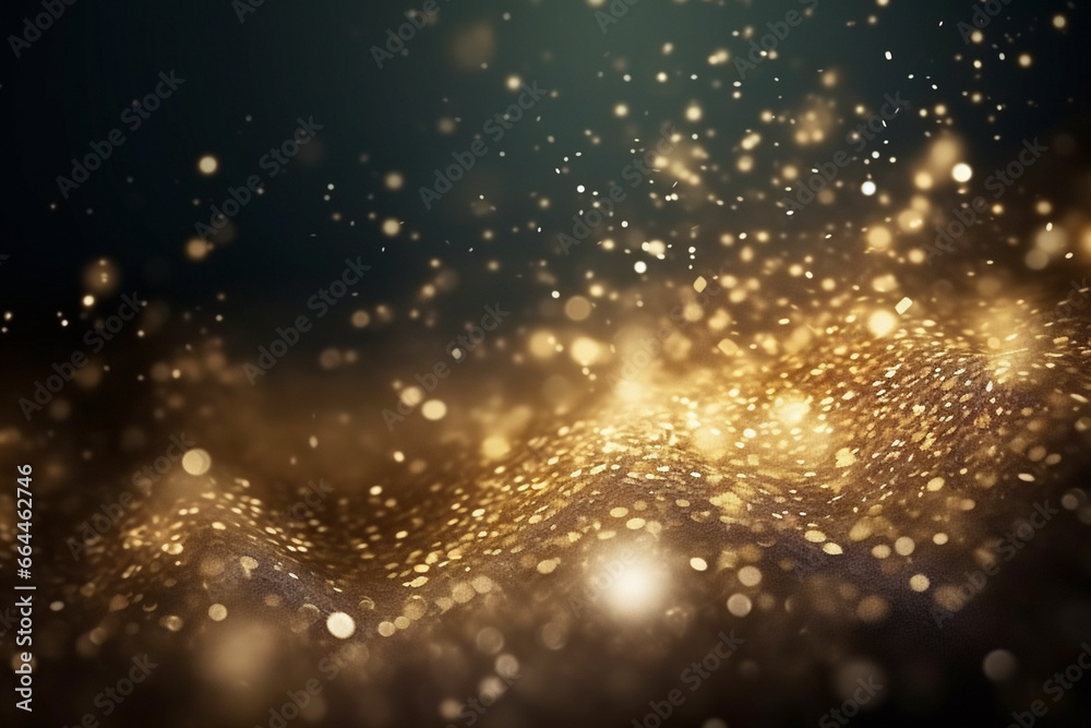 Abstract background with gold sparkles and bokeh with copy space. AI generated