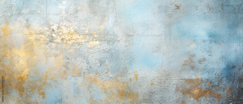 Light Blue textured background with golden shimmer. Grunge, abstract concrete background. Decorative stucco, painting. Generative ai.