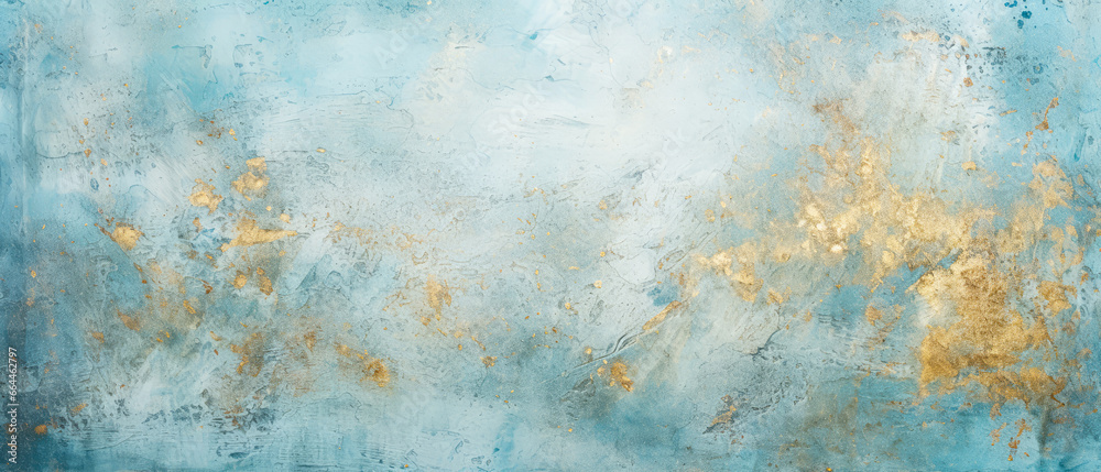 Light Blue textured background with golden shimmer. Grunge, abstract concrete background. Decorative stucco, painting. Generative ai. - obrazy, fototapety, plakaty 