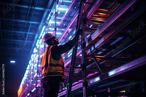 Factory worker wearing a safety helmet in the background of a factory design photo