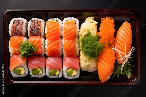 Tray sushi salmon varieties for delivery: sashimi, onigiri, sushi Jhow, sakemaki and uramaki philadelphia with shoyu and chopsticks. Japanese food photo
