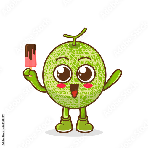 Cute smiling cartoon style melon fruit character holding in hand ice cream, popsicle.