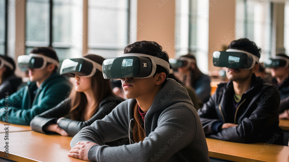 Teen wearing a VR googles at school as a new mean of studying. Concept image on ed tech and e learning in the school environment.