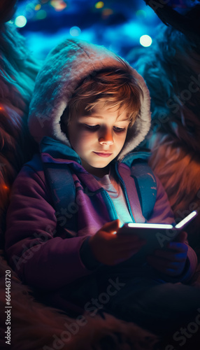 Small boy watching movie or playing game on his smartphone in the evening. Closeup detail, his face illuminated by device screen.