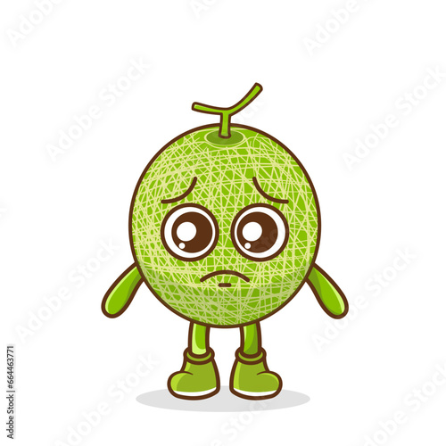 Cute sad melon fruit character, melon character with sad emotion, face, depressive eyes