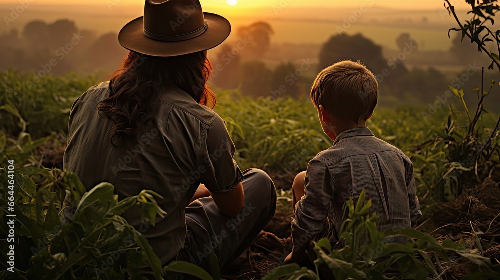 Fototapeta premium Farmer and his son in their cornfield at sunset. They are watching their crops. Agriculture environment illustration. Generative AI