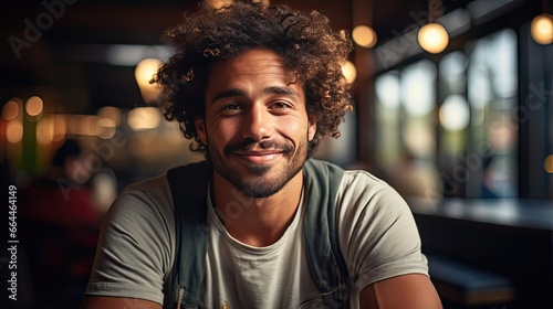 Close up portrait of cheerful happy young man with afro hairstyle in casual white t-shirt smiling brightly, looking in camera. Model portrait illustration. Generative AI