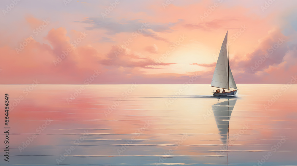 Fototapeta premium Emphasize the elegance of a lone sailboat gliding across calm waters, showcasing the serenity and tranquility found far from the bustling shore.