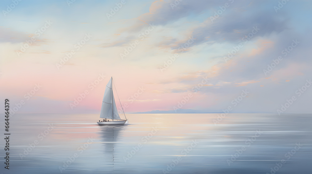Emphasize the elegance of a lone sailboat gliding across calm waters, showcasing the serenity and tranquility found far from the bustling shore.
