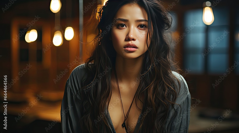 Image of sad office girl, asian woman sulking and frowning disappointed, standing upset and distressed against background. Woman portrait illustration. Generative AI Image of sad office girl, asian woman sulking and frowning disappointed, standing upset and distressed against background. Woman portrait illustration. Generative AI