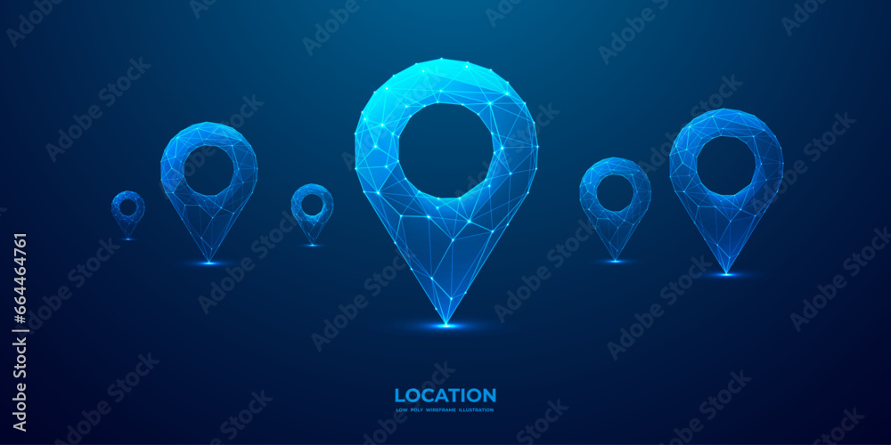 Abstract set of location map pins. GPS digital concept. Technology low poly pin in futuristic hologram style on dark background. Monochrome blue vector illustration with light-connected dots and lines Abstract set of location map pins. GPS digital concept. Technology low poly pin in futuristic hologram style on dark background. Monochrome blue vector illustration with light-connected dots and lines