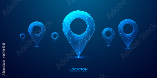 Abstract set of location map pins. GPS digital concept. Technology low poly pin in futuristic hologram style on dark background. Monochrome blue vector illustration with light-connected dots and lines