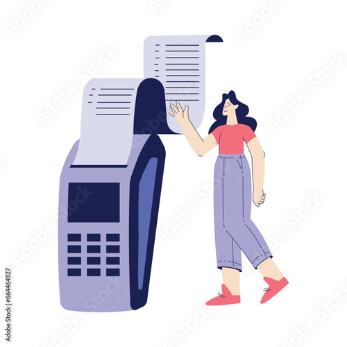 Bill Pay with Woman Character at Huge Pos Terminal Vector Illustration