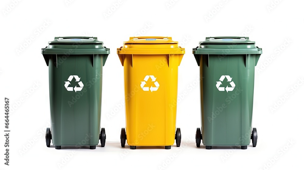 Recycling bins. Yellow, green, blue and brown dustbin for recycle plastic, paper and glass can trash isolated on white background. with clipping path Recycling bins. Yellow, green, blue and brown dustbin for recycle plastic, paper and glass can trash isolated on white background. with clipping path
