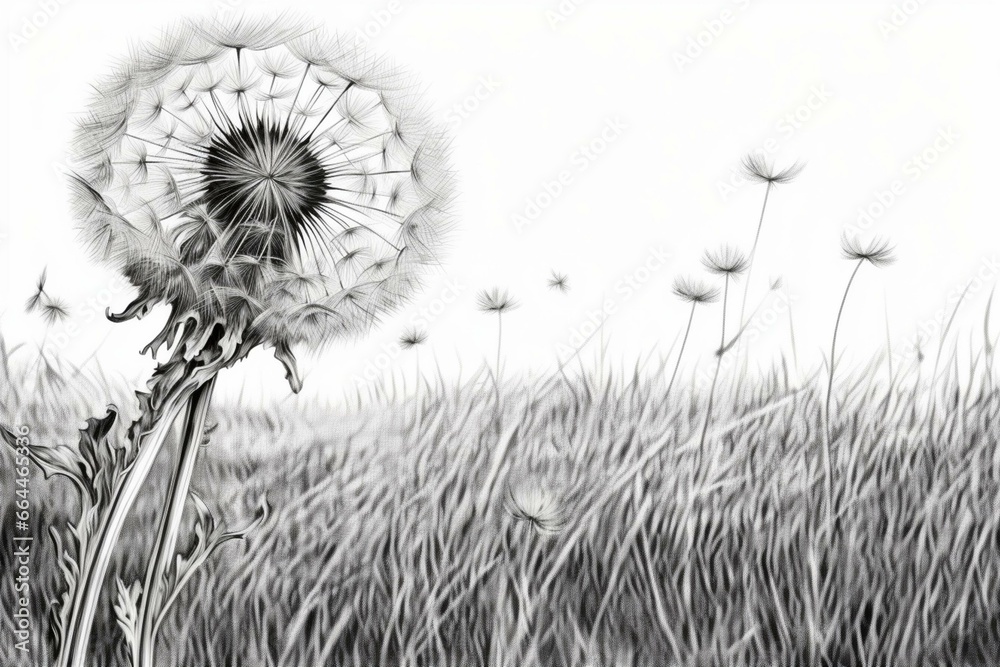 A sketch of a dandelion flower in a field. Generative AI - obrazy, fototapety, plakaty 