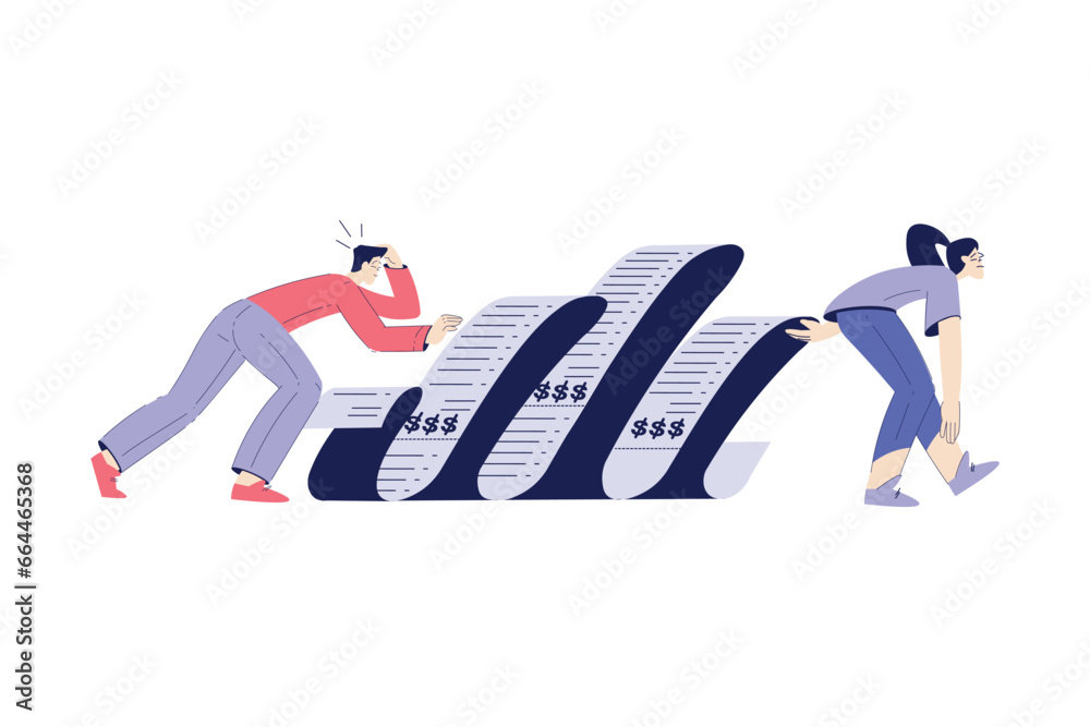 Fototapeta premium Bill Pay with Sad Man and Woman Character with Long Paper Receipt Vector Illustration