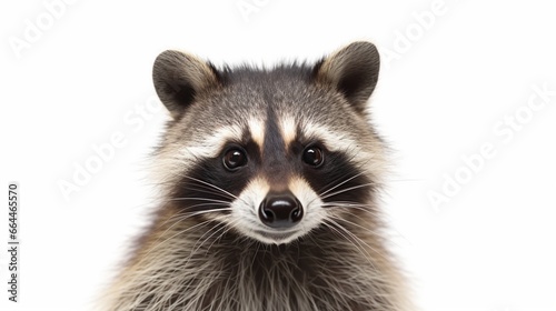 Raccoon portrait, closeup and isolated on a white backdrop.