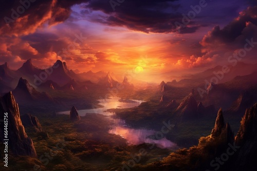 Beautiful sunset over unique mountainous landscapes. Generative AI © Xanthe