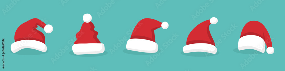 Santa hat with shadow in a flat design. Santa Claus cap icons. Christmas Santa hat collection. Cartoon red hats icon. Santa hat for New Year
