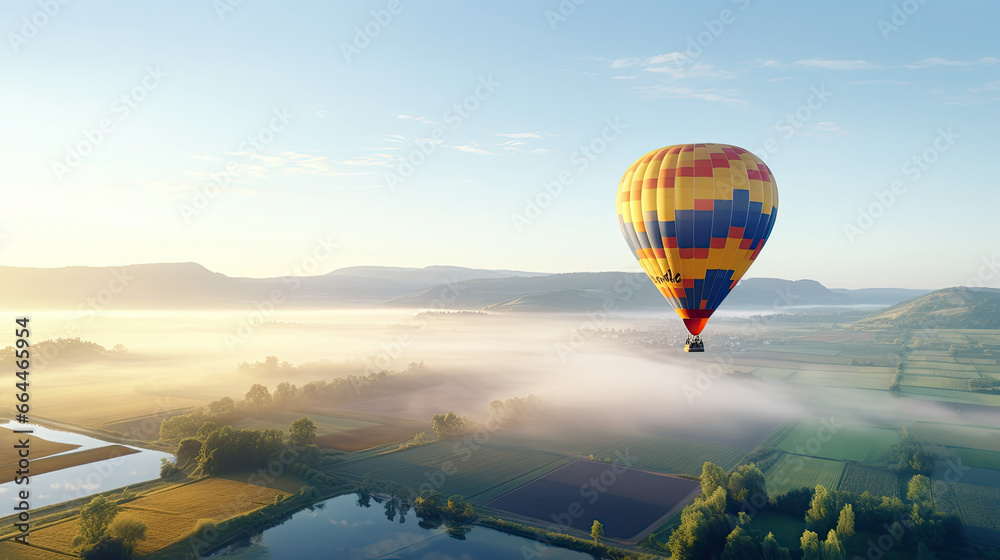 a colorful hot air balloon gently floating over a picturesque countryside during the early morning, with mist rising from the fields