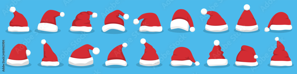 Santa hat with shadow in a flat design. Santa Claus cap icons. Christmas Santa hat collection. Cartoon red hats icon. Santa hat for New Year Santa hat with shadow in a flat design. Santa Claus cap icons. Christmas Santa hat collection. Cartoon red hats icon. Santa hat for New Year