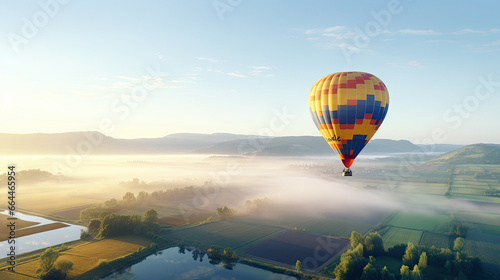 a colorful hot air balloon gently floating over a picturesque countryside during the early morning, with mist rising from the fields © Erich