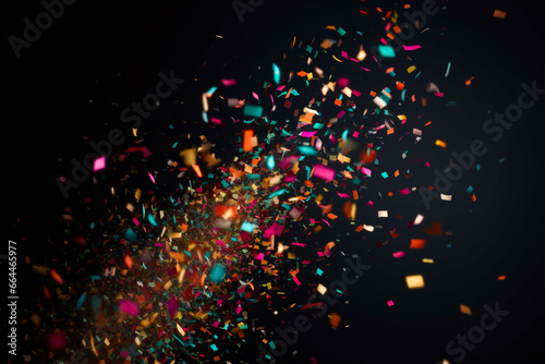 Festive wallpaper with flying colorful confetti on black background. AI generated
