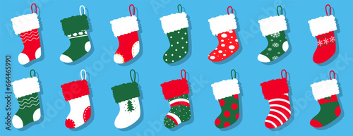 Winter holiday present socks in a flat design. Christmas stockings with various traditional colorful holiday ornaments. Cartoon sock with gifts. New Year socks