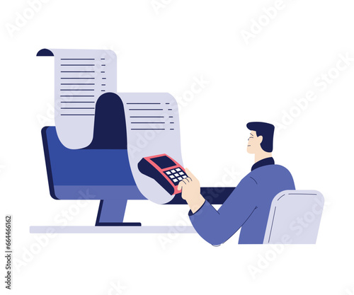 Bill Pay with Man Character and Pos Terminal Vector Illustration