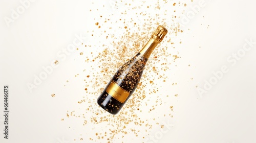 Champagne bottle on a white background with splashes of golden glitter. Lay flat. Simple party theme.