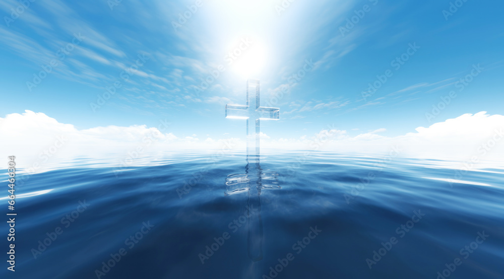 Cross on the sea and blue sky background. 3d render illustration