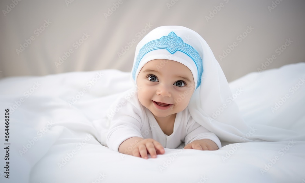 Portrait of cute little baby wearing a white veil lying on the bed Portrait of cute little baby wearing a white veil lying on the bed