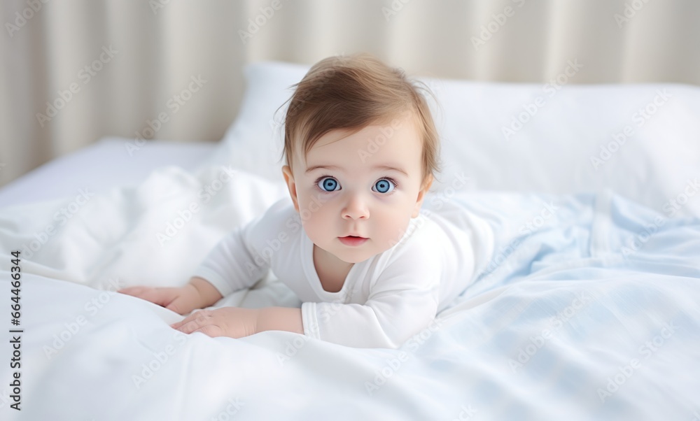 Portrait of cute caucasian baby with blue eyes lying on bed at home.