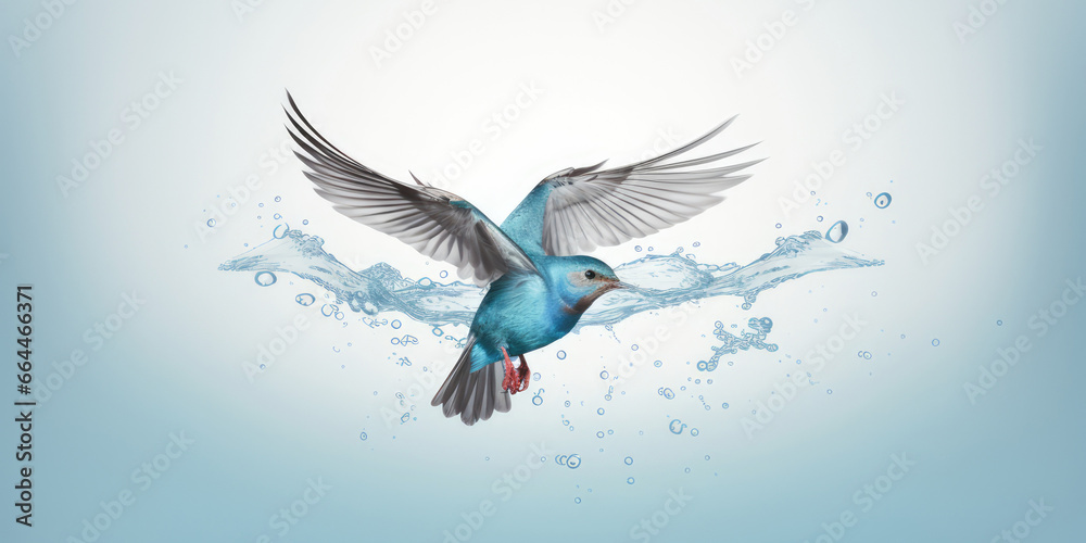 Blue dove with water splash isolated on white background. - obrazy, fototapety, plakaty 