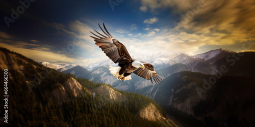 Bald Eagle in flight against the backdrop of mountains and cloudy sky. Absolute Freedom