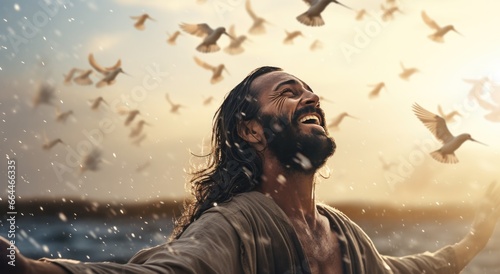 Portrait of Jesus Christ on the beach at sunset surrounded by flying birds photo