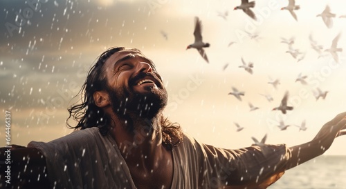 Portrait of Jesus Christ on the beach at sunset surrounded by flying birds