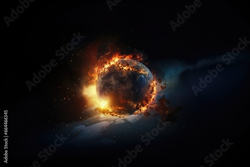 Planet earth burning in fire on a black background. Global warming concept. 