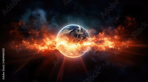Fototapeta Naklejka Na Ścianę i Meble -  Planet earth burning in fire on a black background. Global warming concept. 
