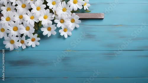 Christian cross and border of white daisy flowers on a blue wood background with copy space © HN Works