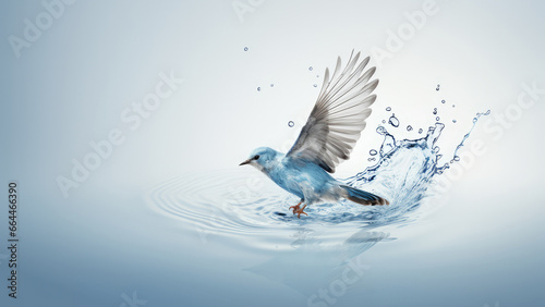 Blue dove with water splash isolated on white background. photo