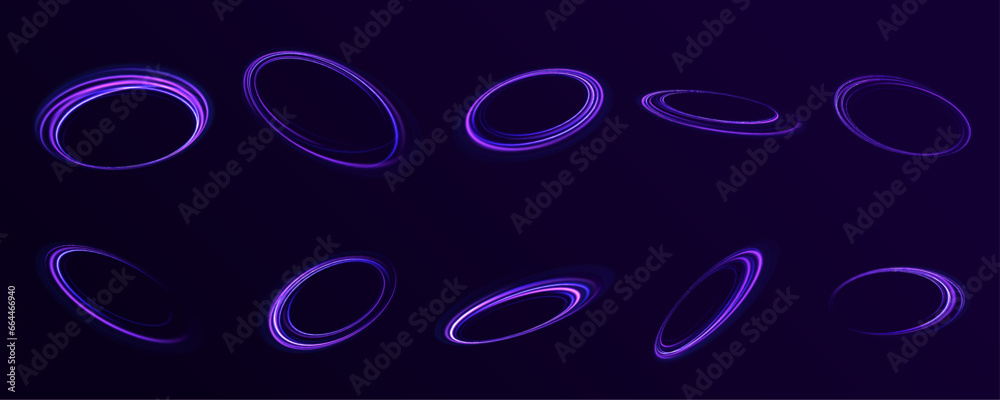 Luminous purple lines of speed. Light glowing effect. Abstract luminous rings slow shutter speed effect. Luminous purple circle. Vector swirl trail effect.