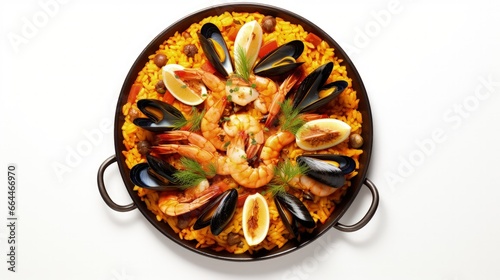 Traditional spanish seafood paella with rice, mussels, shrimps in a pan on white background. view from above, flat lay photo