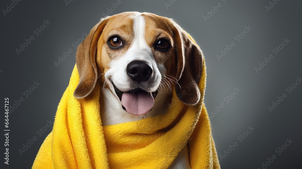 A cute beagle dog in a yellow towel after bathing on a gray isolated background. Pet grooming concept. - obrazy, fototapety, plakaty 