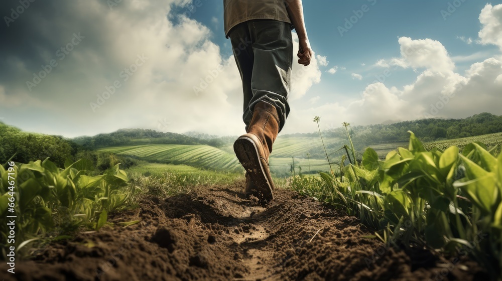 farmer wears boots walking on the ridge, farming concept, cultivation and agriculture - obrazy, fototapety, plakaty 