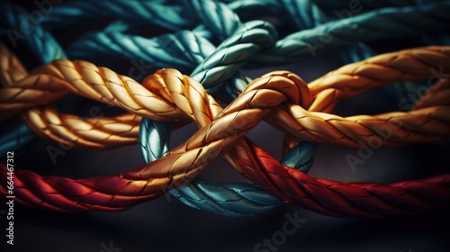 Unity and connection or working together concept as curved ropes connected as a symbol for teamwork as a business metaphor.