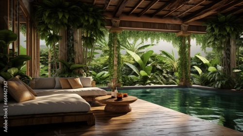 Small private swimming pool in Bali house. Green tropical plants around, wooden sofa. Villa in Jungle.