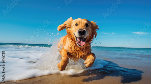 an adventurous Golden Retriever energetically running at the beach, with a backdrop of rolling waves and a clear blue sky