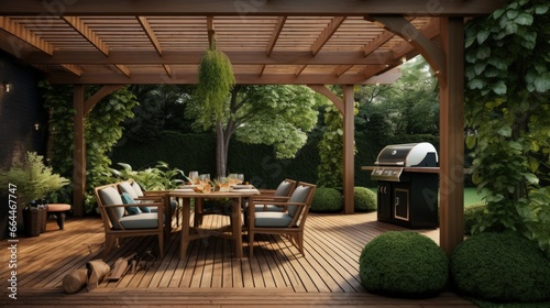 Foto 3D illustration of a luxury wooden teak deck with BBQ grill and decor furniture